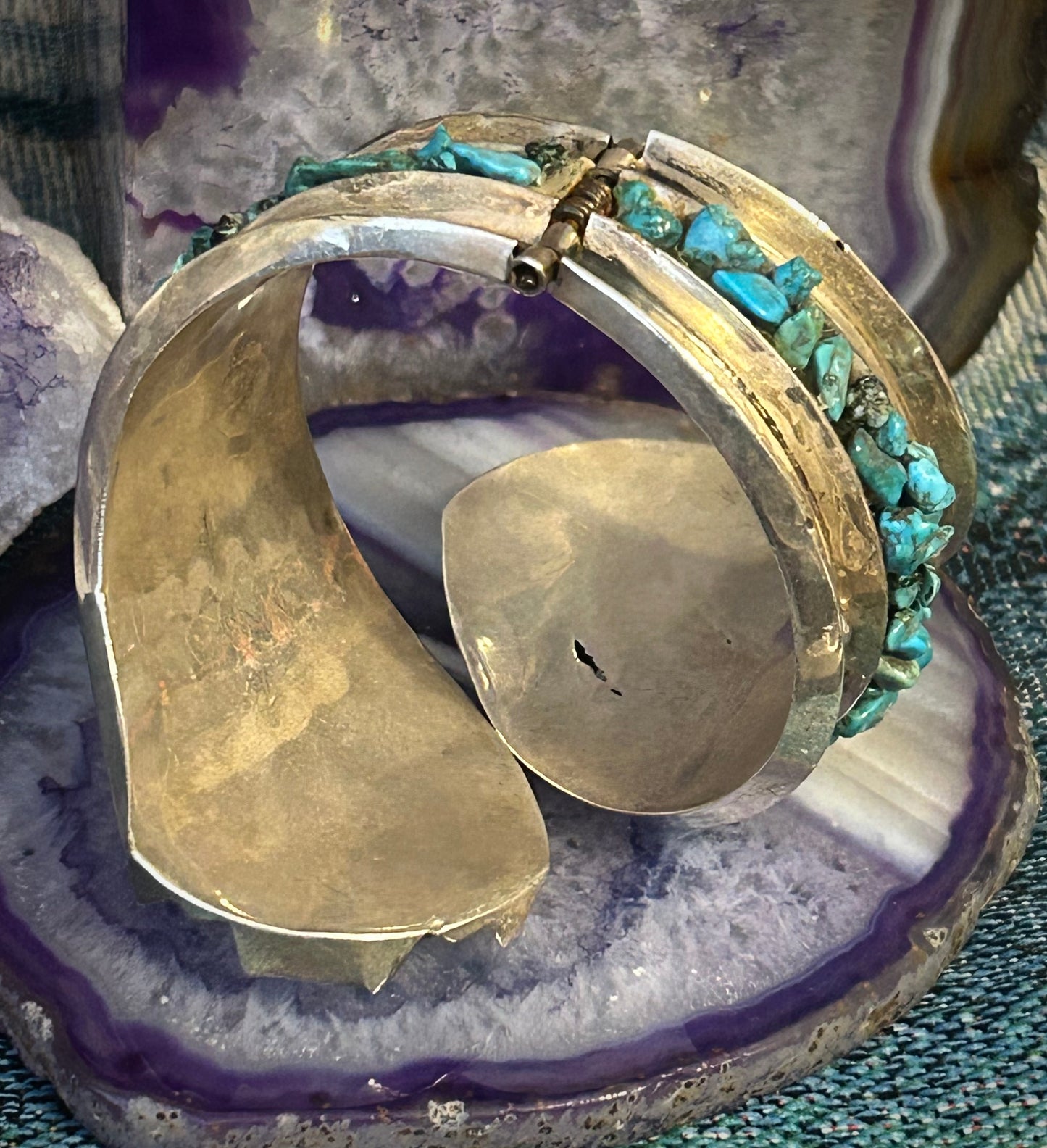 Vintage Sterling Silver Mexico Turquoise & Ball Clamper Hinge Bracelet