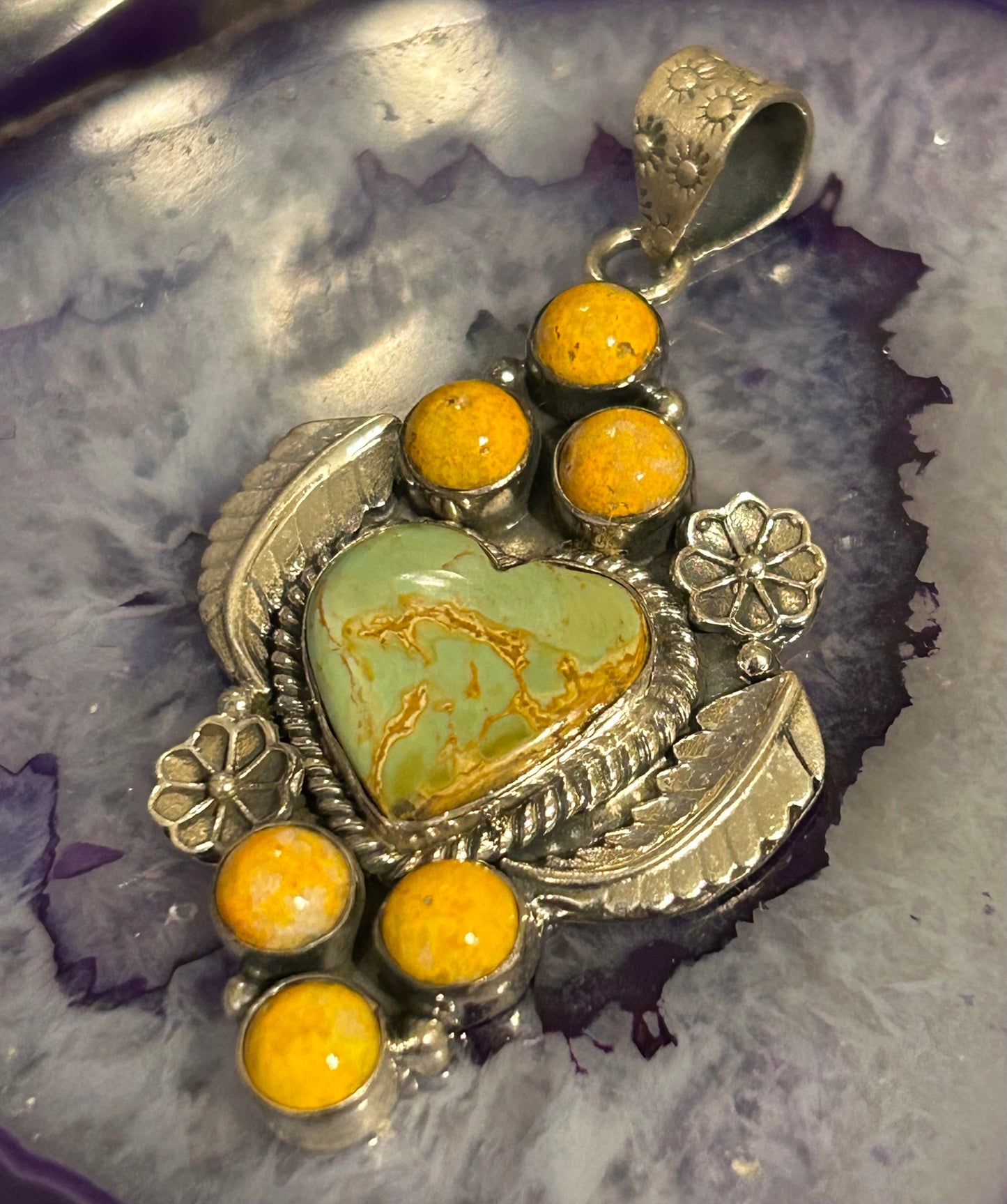 Sterling Silver Southwestern Turquoise & Bumblebee Jasper Heart Pendant