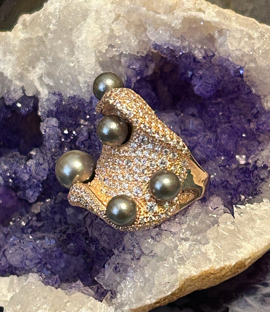Rose Gold Over Sterling Silver Abstract Ring w/ Tahitian Pearls & Cz Ring Size 7