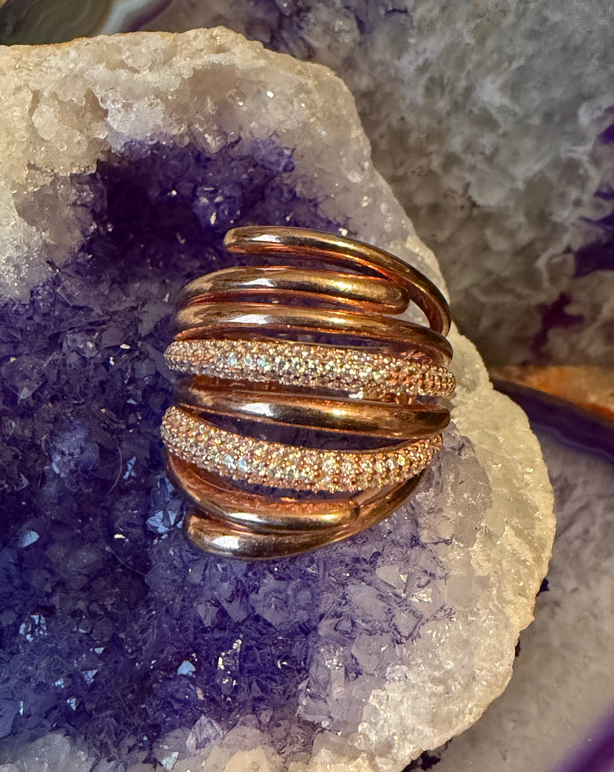 Rose Gold Plated Sterling Silver Modernist CZ Ring Size 7-8