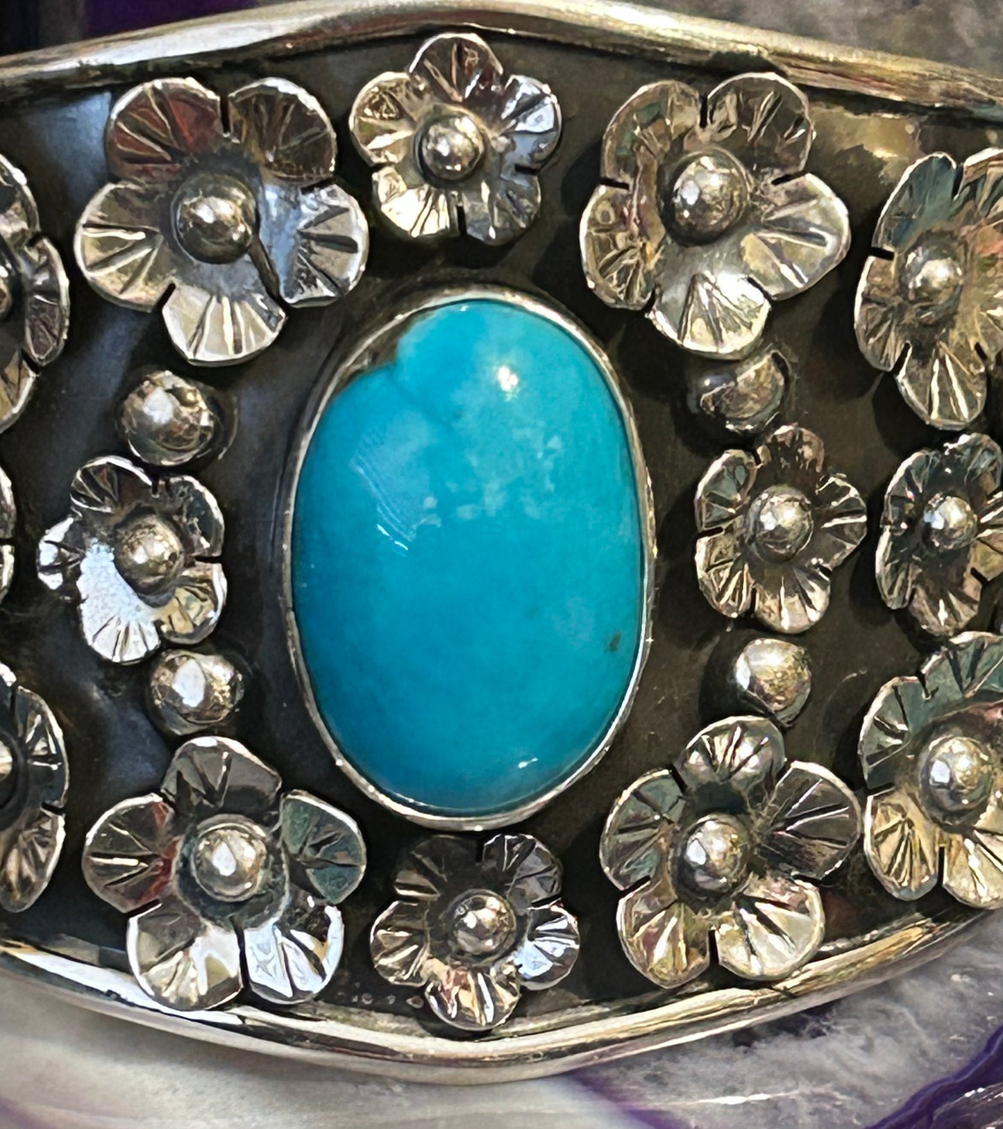 Sterling Silver Taxco Mexico Large Statement Flower Cuff W/ Natural Turquoise