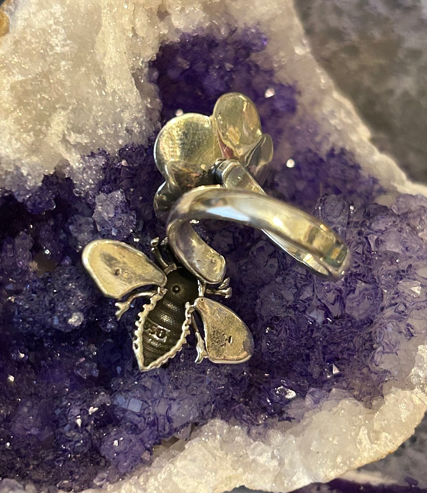 Sterling Silver Taxco Mexico Bee And Flower Bypass Ring Adjustable