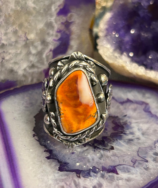 Sterling Silver Taxco Mexico Statement Spiny Oyster & Flower Wide Ring Sz 9-10.5