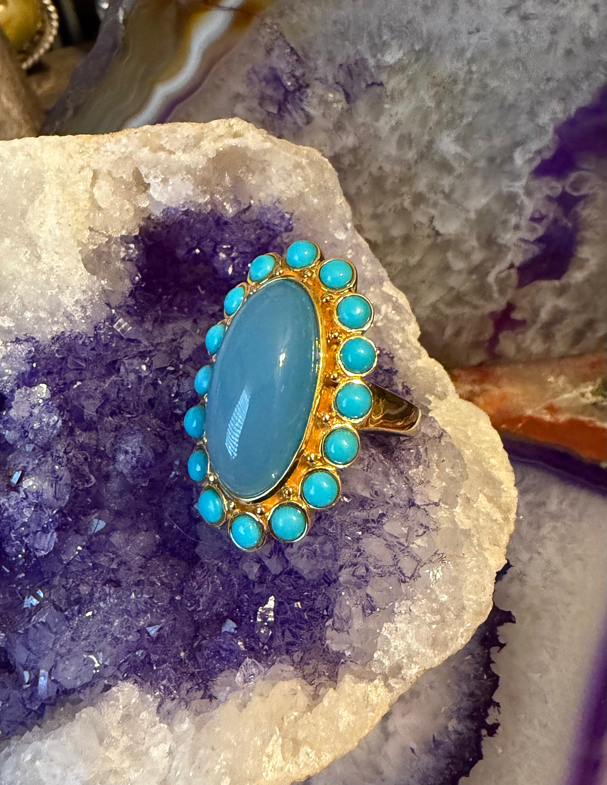 Gold Over Sterling Silver Blue Calcedony & Sonora turquoise Ring Size 7.5