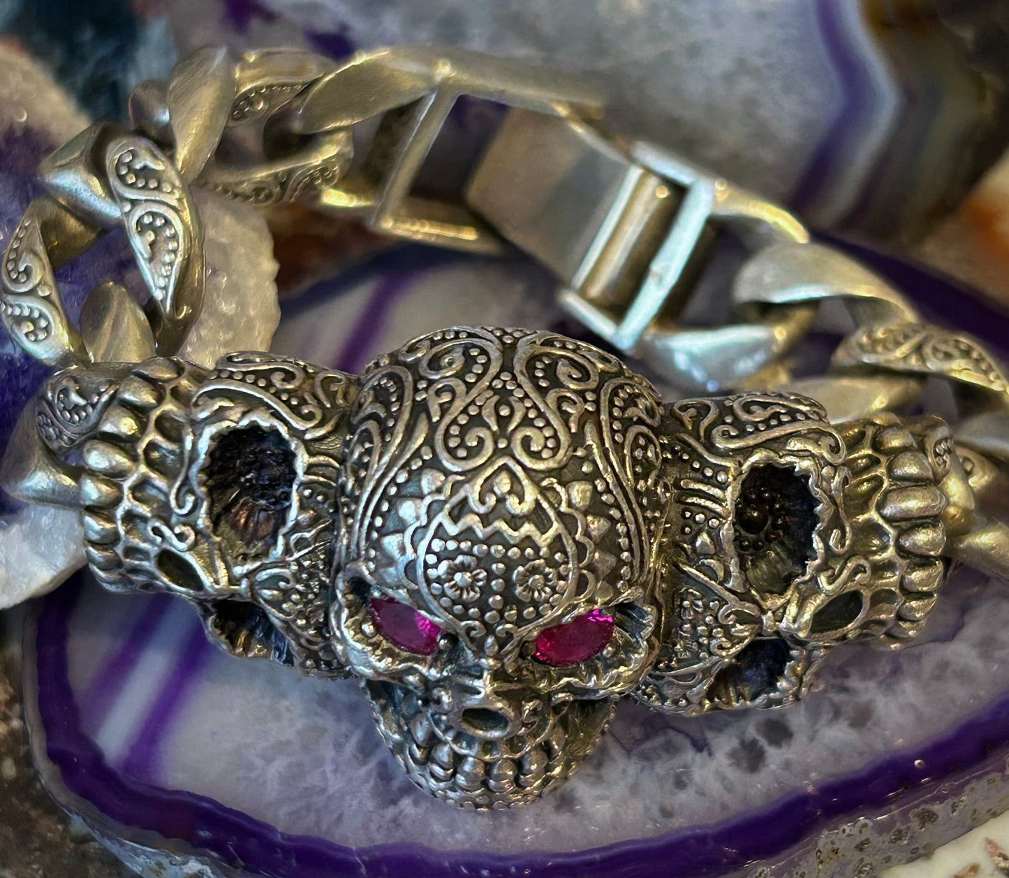 Vintage Sterling Silver Heavy Skull Cuban Link w/ Ruby Eyes Bracelet