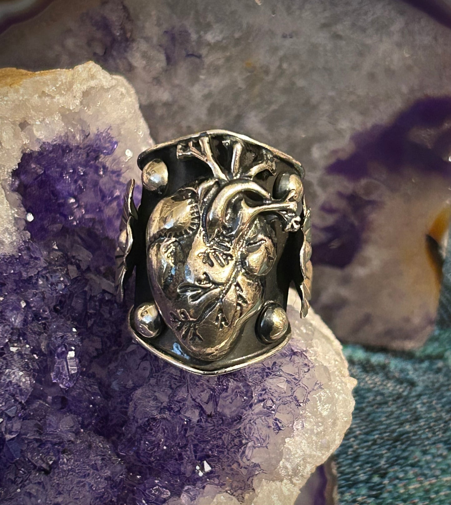 Sterling Silver Taxco Mexican Anatomical Heart & Flower Ring Size 6.5-8
