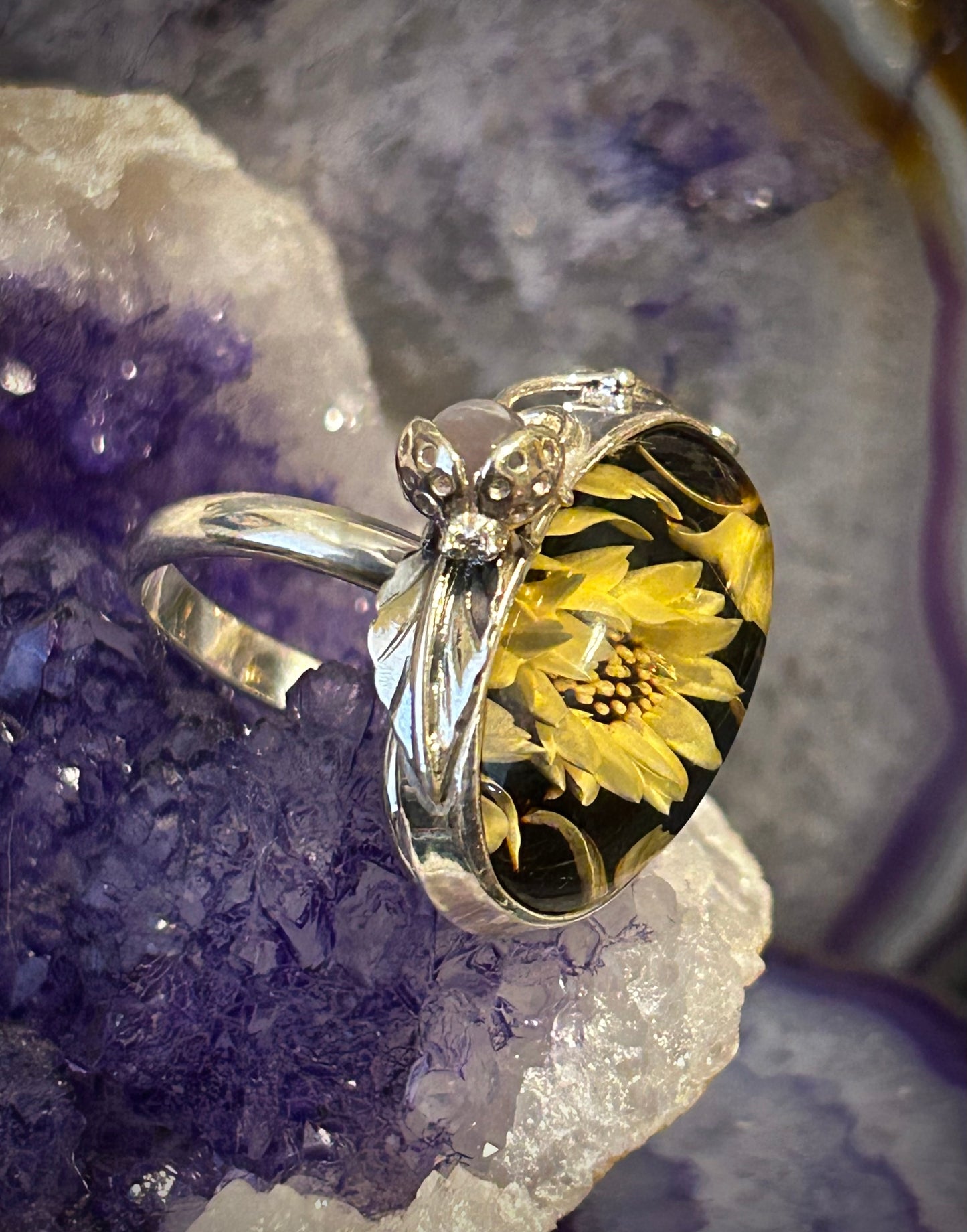 Sterling Silver Carved Amber Ring With Flowers & Amethyst Lady Bug • Adjustable