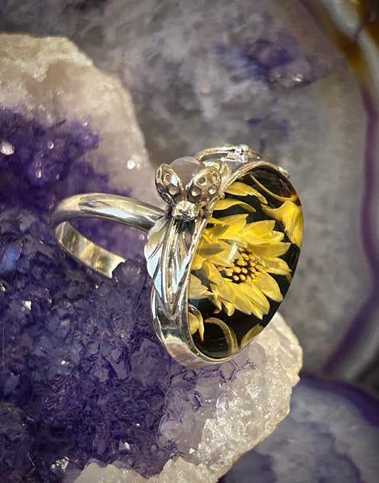 Sterling Silver Carved Amber Ring With Flowers & Amethyst Lady Bug • Adjustable