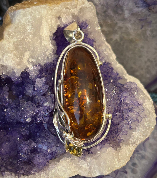 Sterling Silver And Natural Baltic Amber Pendant W/ Fly Insect