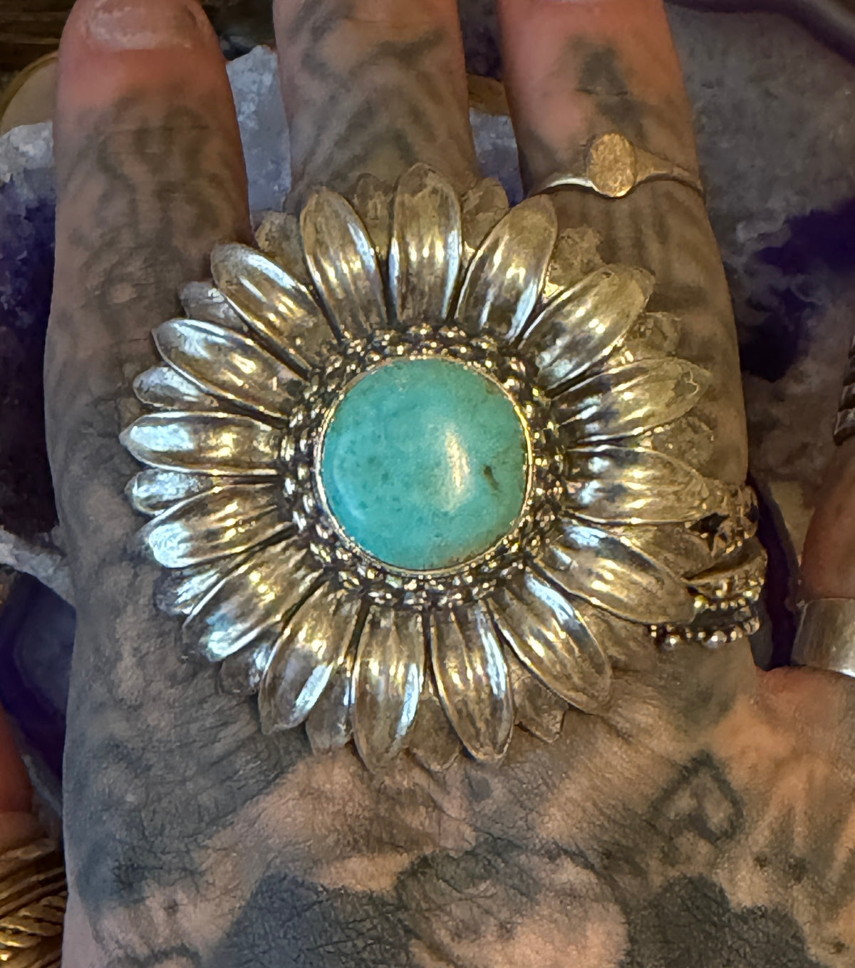Designer SOM’S Sterling Silver Large Sunflower & Turquoise Statement Ring