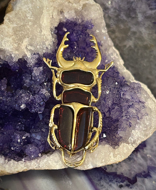 14k Gold Over Sterling Silver & Baltic Cherry Amber Stag Beetle Pendant Pin