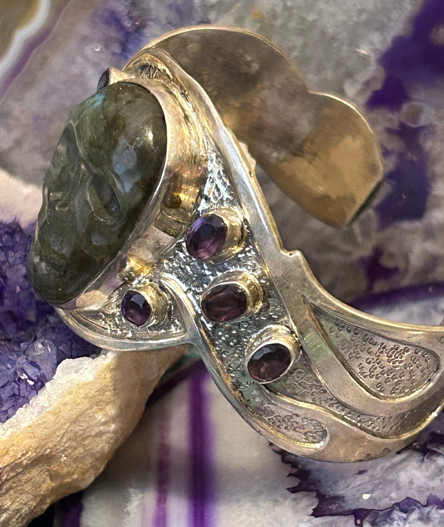 Sterling Silver 925 Labradorite Carved Skull & Amethyst Cuff Bracelet