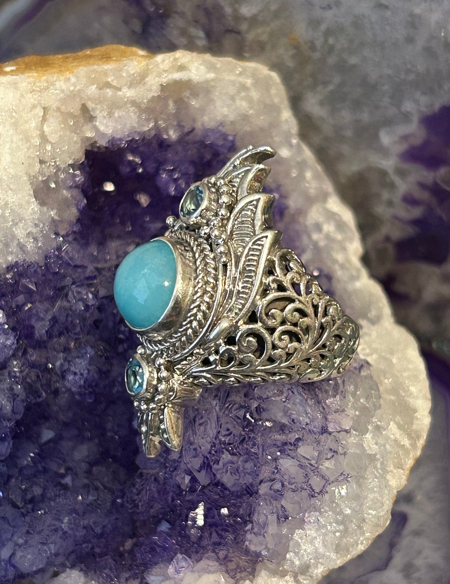 Sterling Silver SARDA Larimar & Blue Topaz Ornamental Statement Ring Size 7