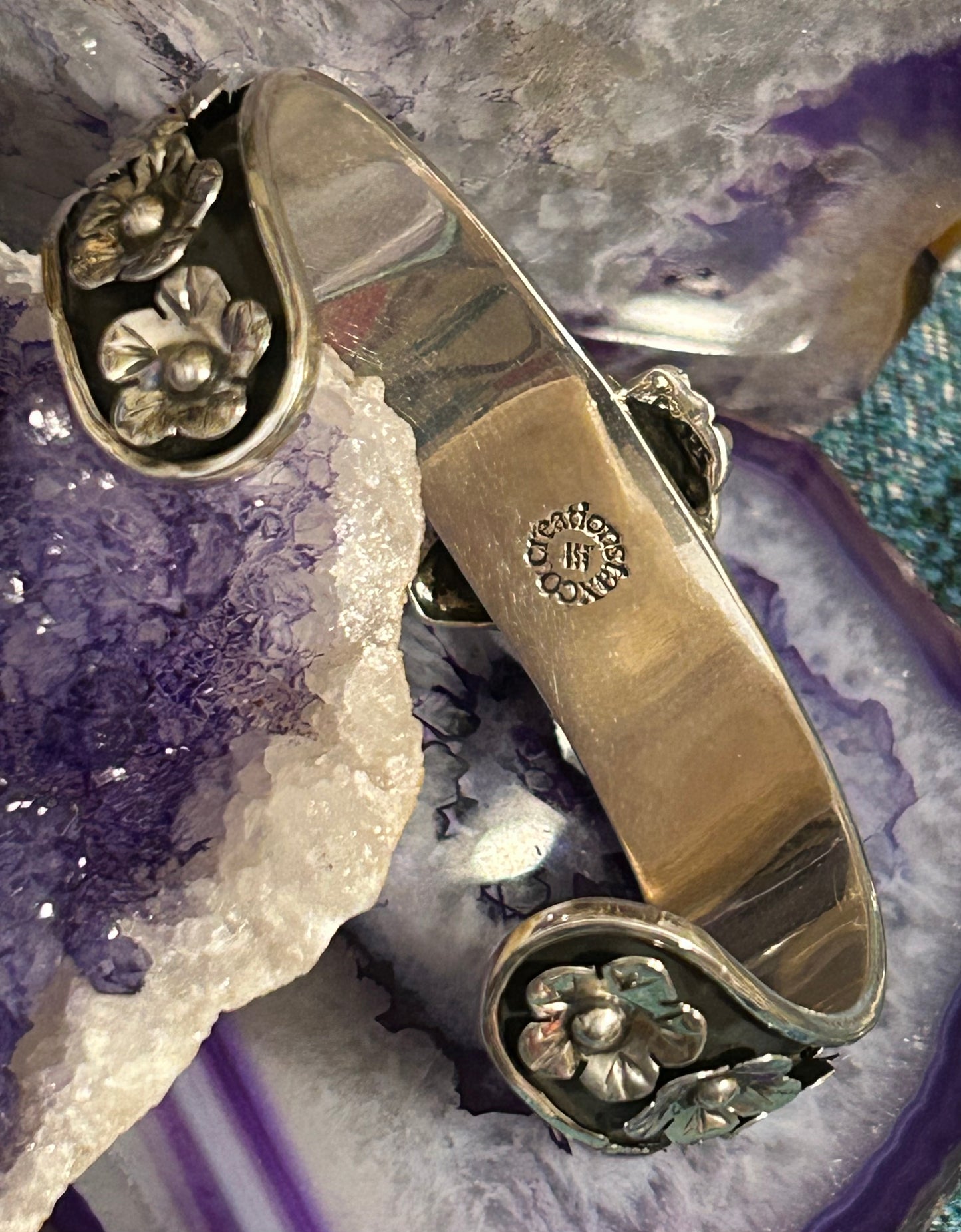 950 Silver Taxco Mexico Day Of The Dead Sugar Skull & Flowers Cuff Bracelet