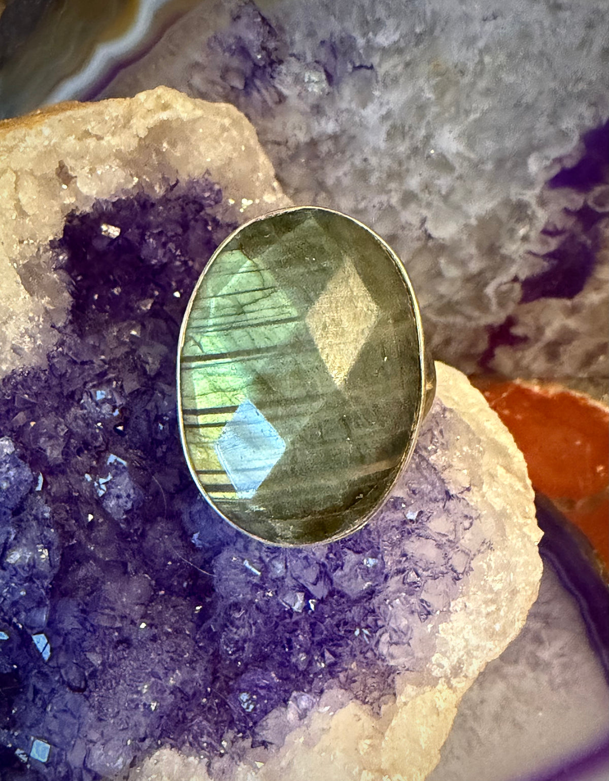 Vintage Sterling Silver Faceted Labradorite Chunky Statement Ring Adjustable