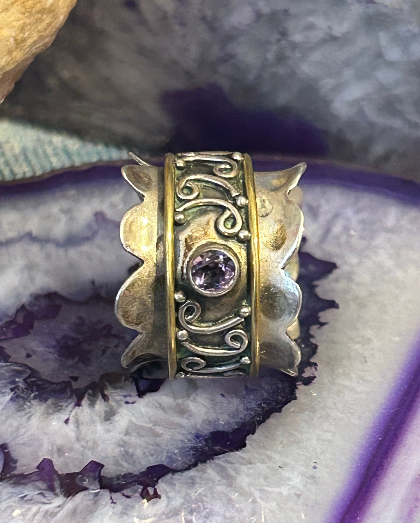 Vintage Sterling Silver Spinner Ring With Amethyst Size 6.5