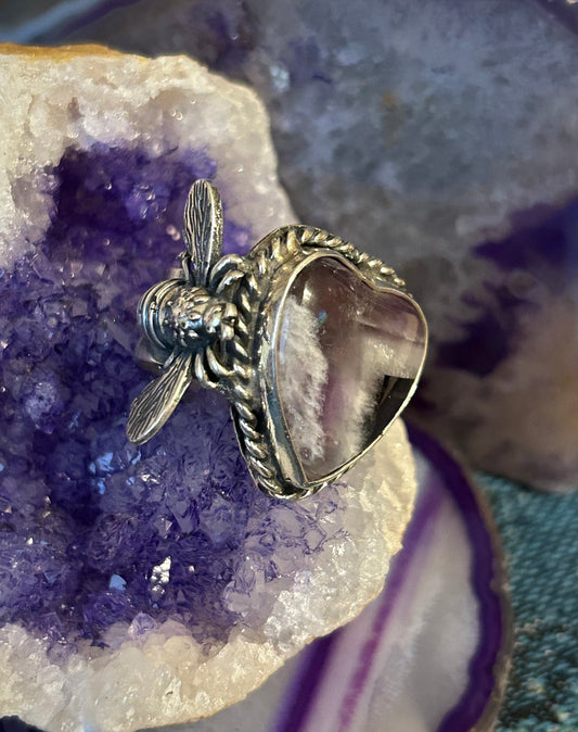 Sterling Silver Modern Taxco Mexico Chunky Chevron Amethyst Heart & Bee Ring