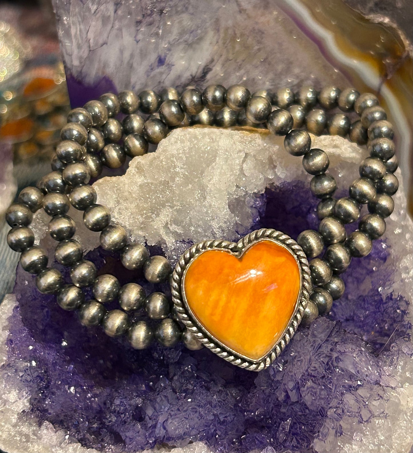 Sterling Silver Desert Pearl Ball Beads and Spiny Oyster Heart Stretch Bracelet