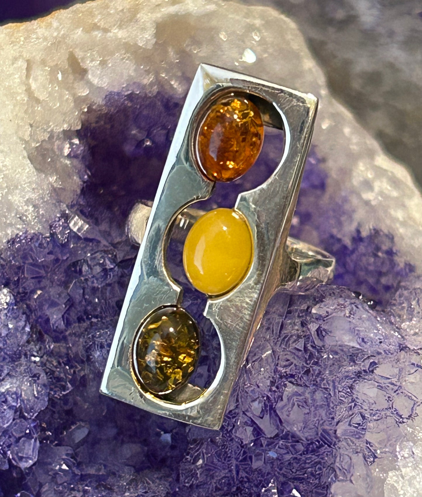 Vtg Deadstock Sterling Silver Abstract Modernist Baltic Amber Ring Size 9
