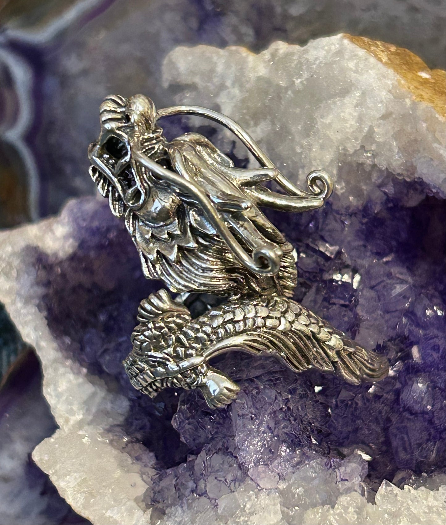 Sterling Silver Designer SOMS Statement Dragon Bypass Wrap Ring w/ Onyx Eyes