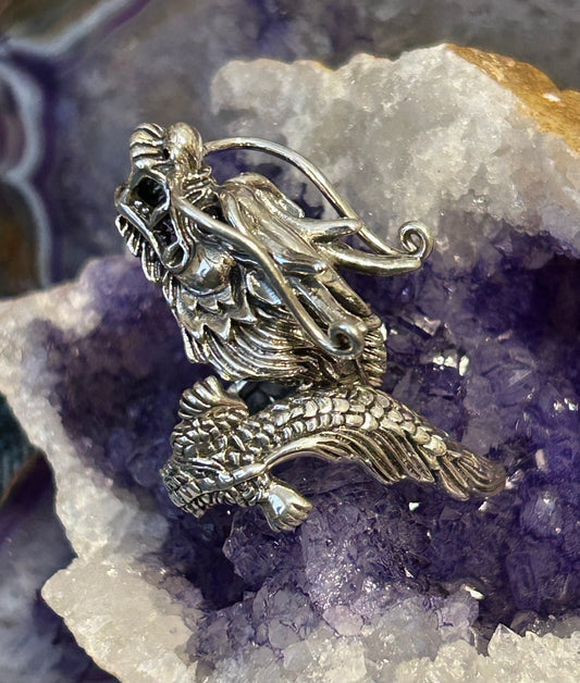 Sterling Silver Designer SOMS Statement Dragon Bypass Wrap Ring w/ Onyx Eyes