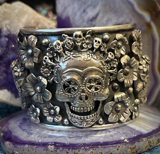 Sterling Silver Taxco Mexico Day Of The Dead Skull & Flower Large Cuff Bracelet