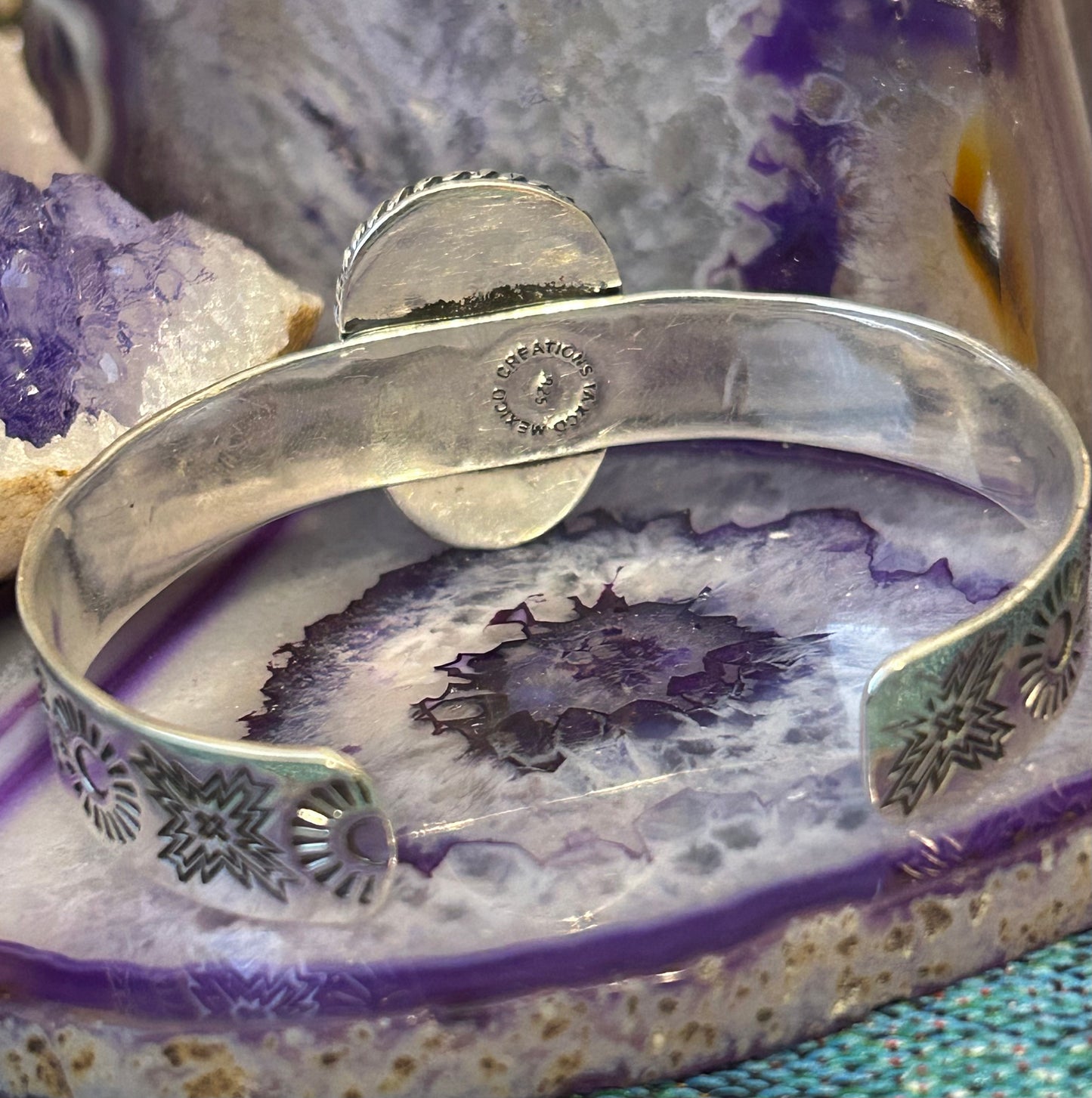 Sterling Silver Taxco Mexico Carved Skull Stone Cuff Handmade Stamped Bracelet