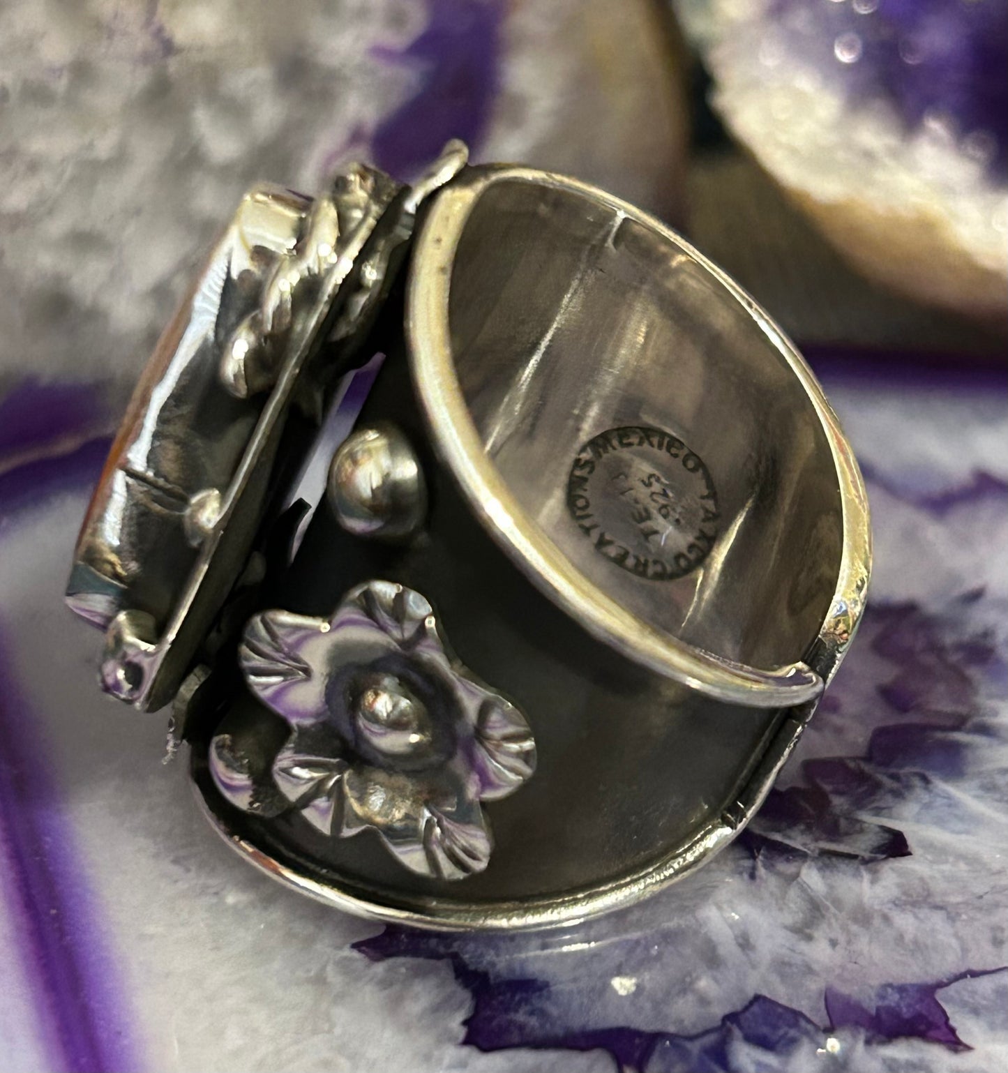 Sterling Silver Taxco Mexico Statement Spiny Oyster & Flower Wide Ring Sz 9-10.5