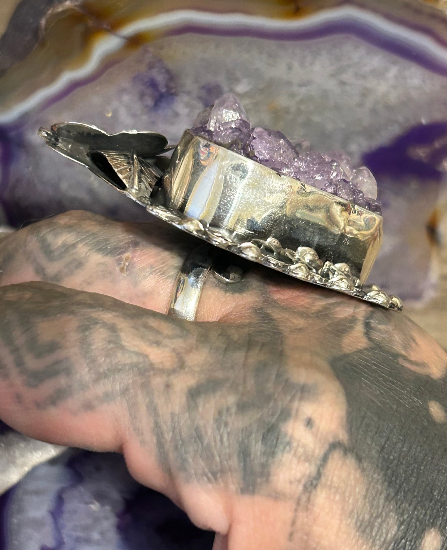 950 Silver Taxco Mexico Large Huge Amethyst Stone Heart Ring Adjustable