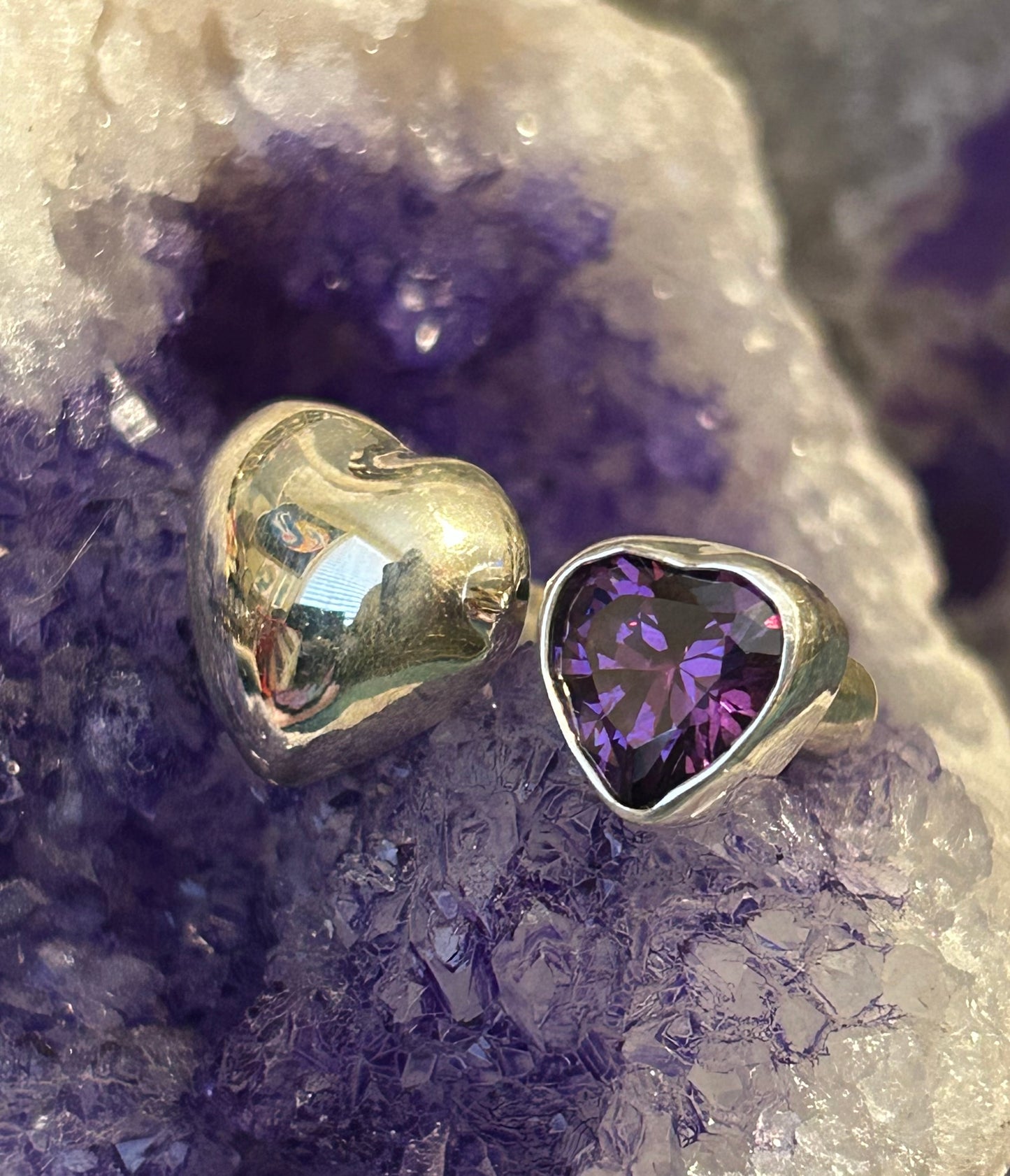 Sterling Silver Modern Taxco Mexico Purple Zircon & Puffy Heart Bypass Ring • 7-8.5