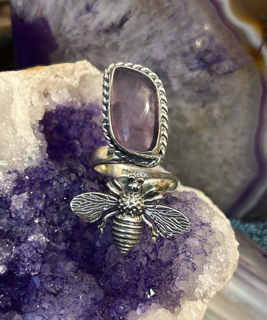 Sterling Silver Taxco Mexico Bee & Amethyst Bypass Ring