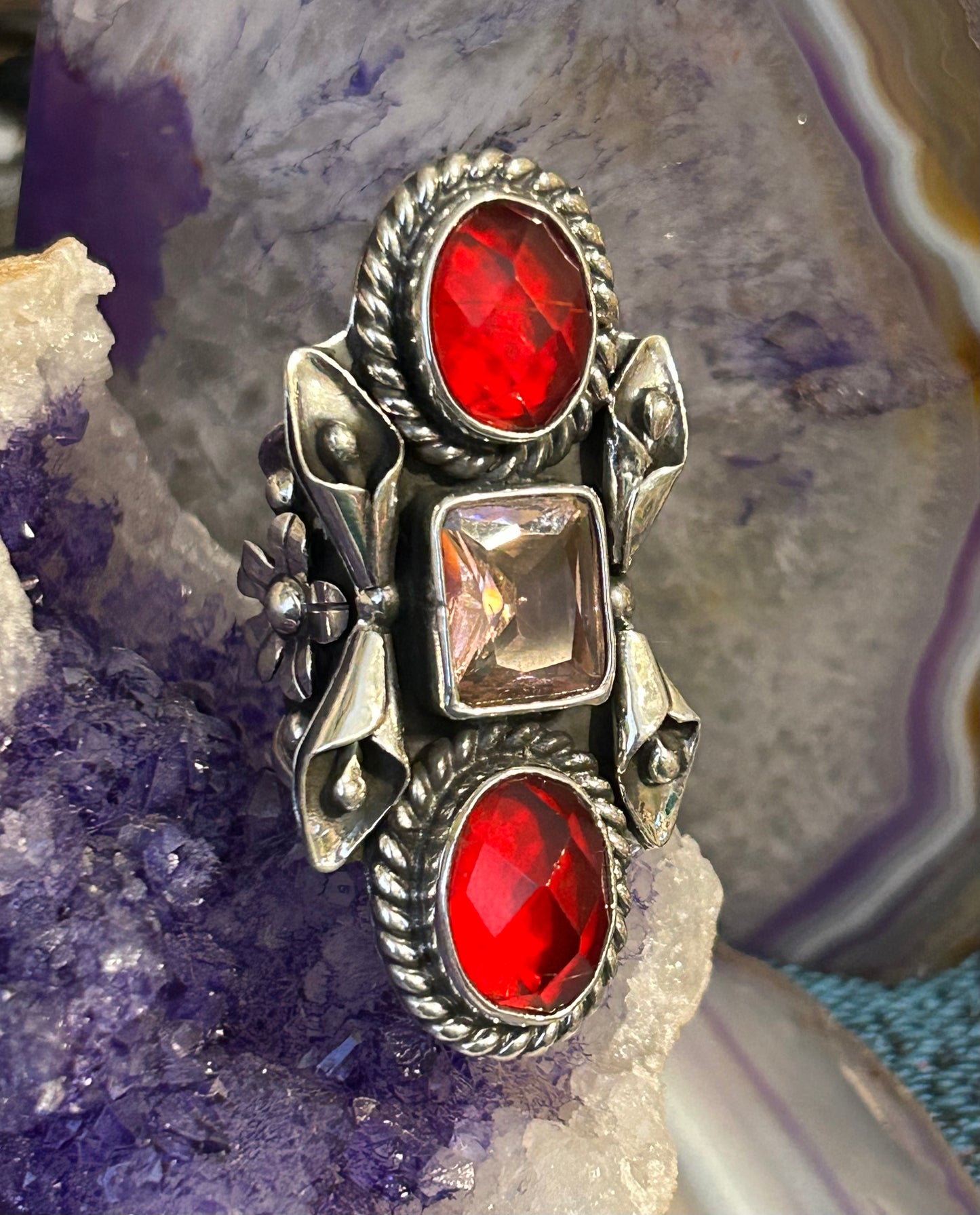 Sterling Silver Taxco Mexico Statement Ring w/ Pink & Red Natural Stones • Size 5-6
