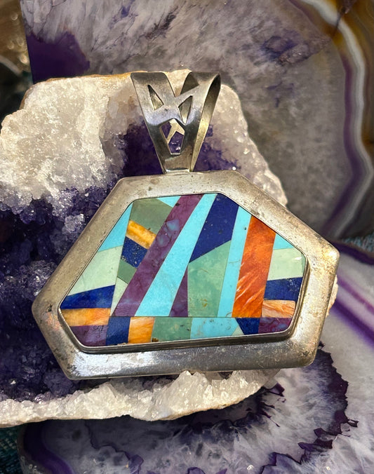 Vtg DTR 925 Sterling Silver Turquoise, Spiny, Coral Inlay Huge Statement Pendant