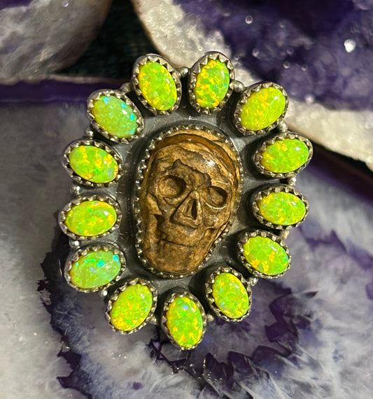 Sterling Silver Carved Jasper Skull With Green Opal Large Ring Adjustable