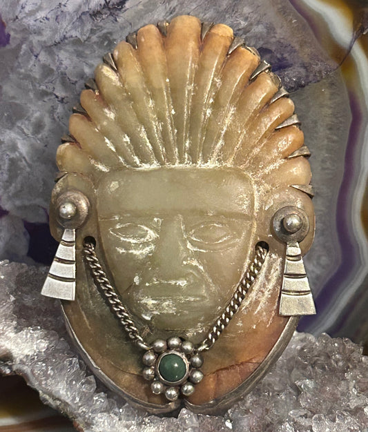 Vintage Mexico Sterling Silver & Carved Stone Warrior Mask Brooch / Pin