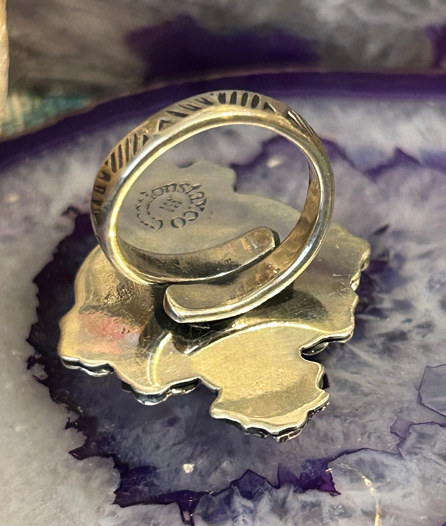 Sterling Silver Modern Taxco Mexico Purple Zircon Heart & Flowers Adjustable Ring