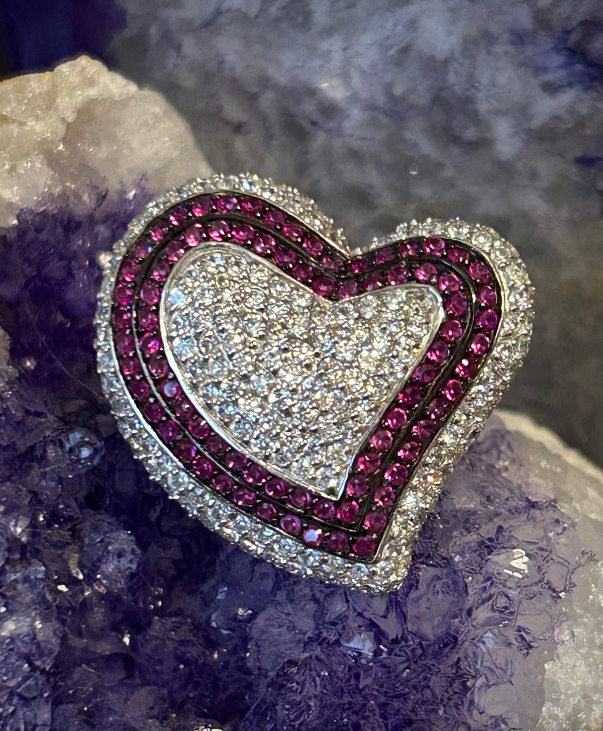 Sterling Silver Ruby & CZ Large Heart Ring Size 6.5