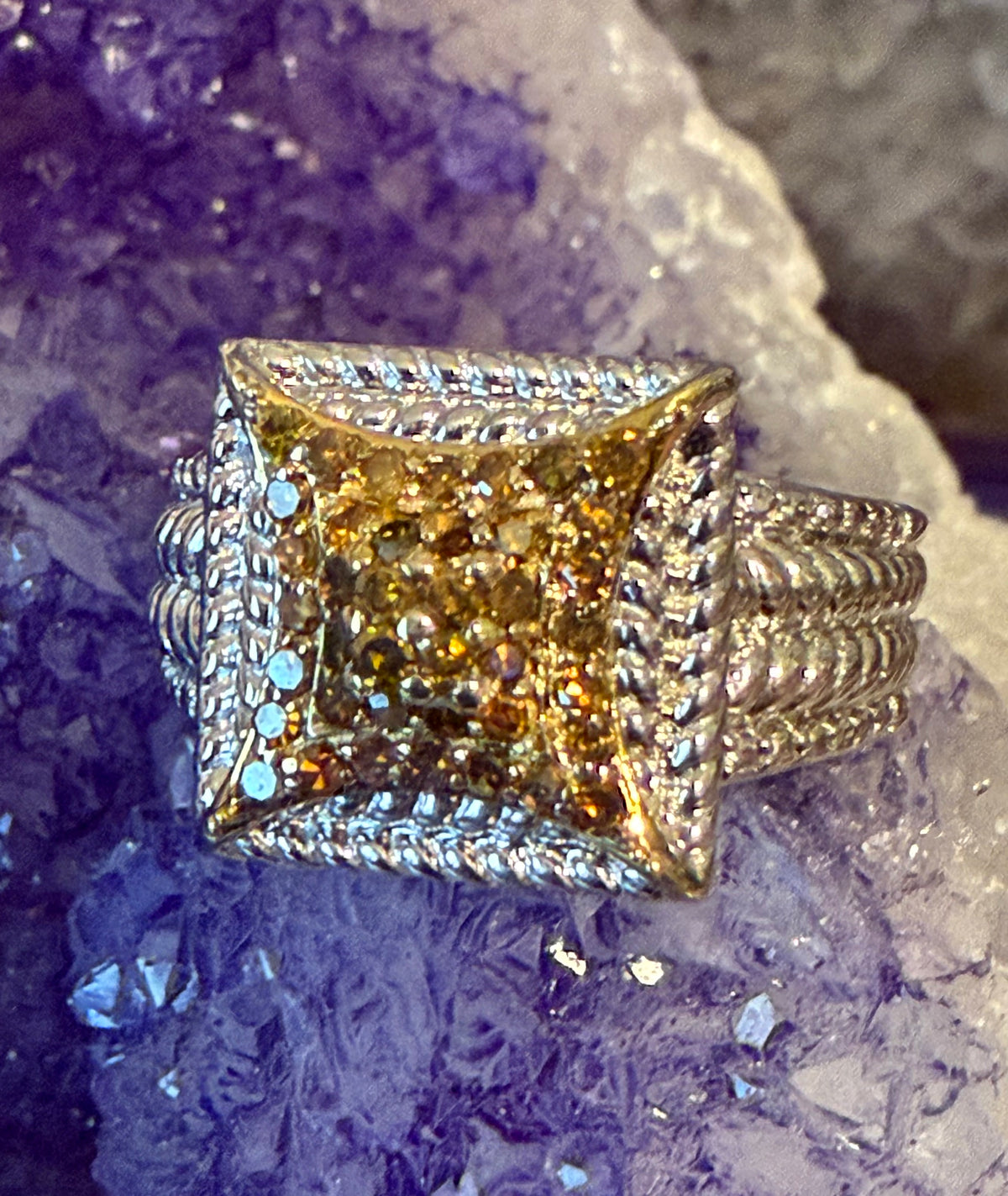 Sterling Silver 925 Genuine Orange Diamonds Ring w/ Rope Detailing Size 6