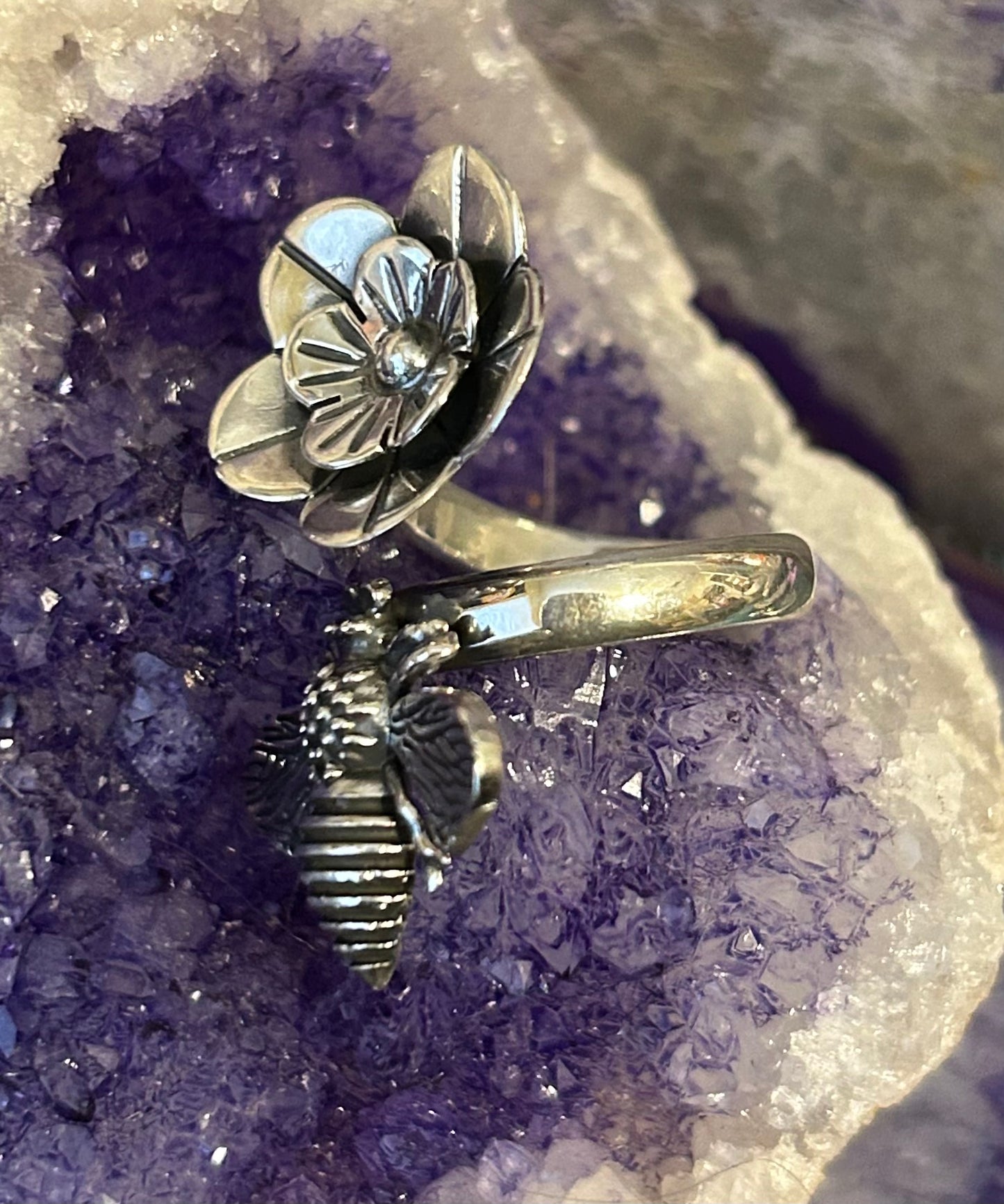 Sterling Silver Taxco Mexico Bee And Flower Bypass Ring Adjustable