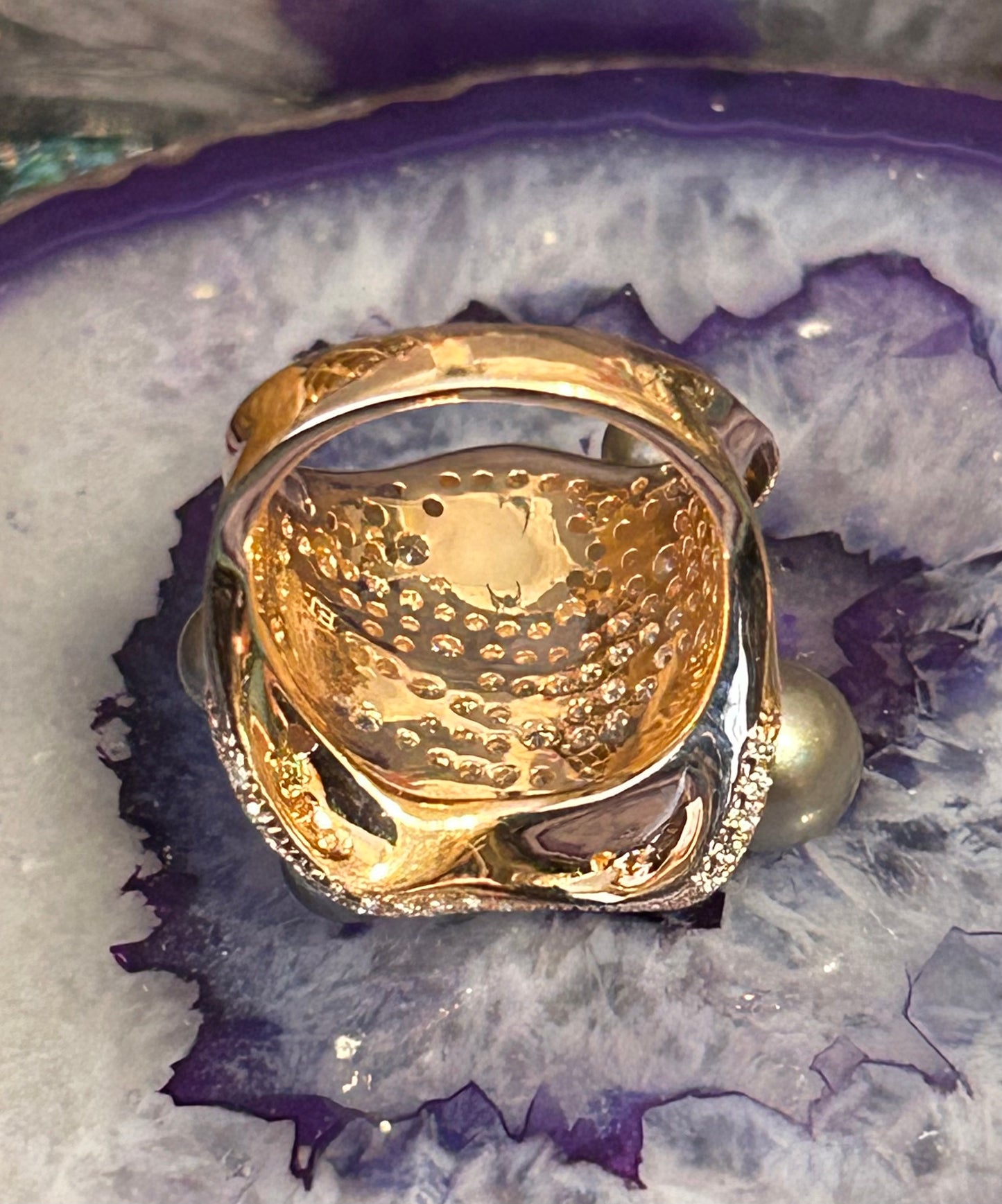 Rose Gold Over Sterling Silver Abstract Ring w/ Tahitian Pearls & Cz Ring Size 7