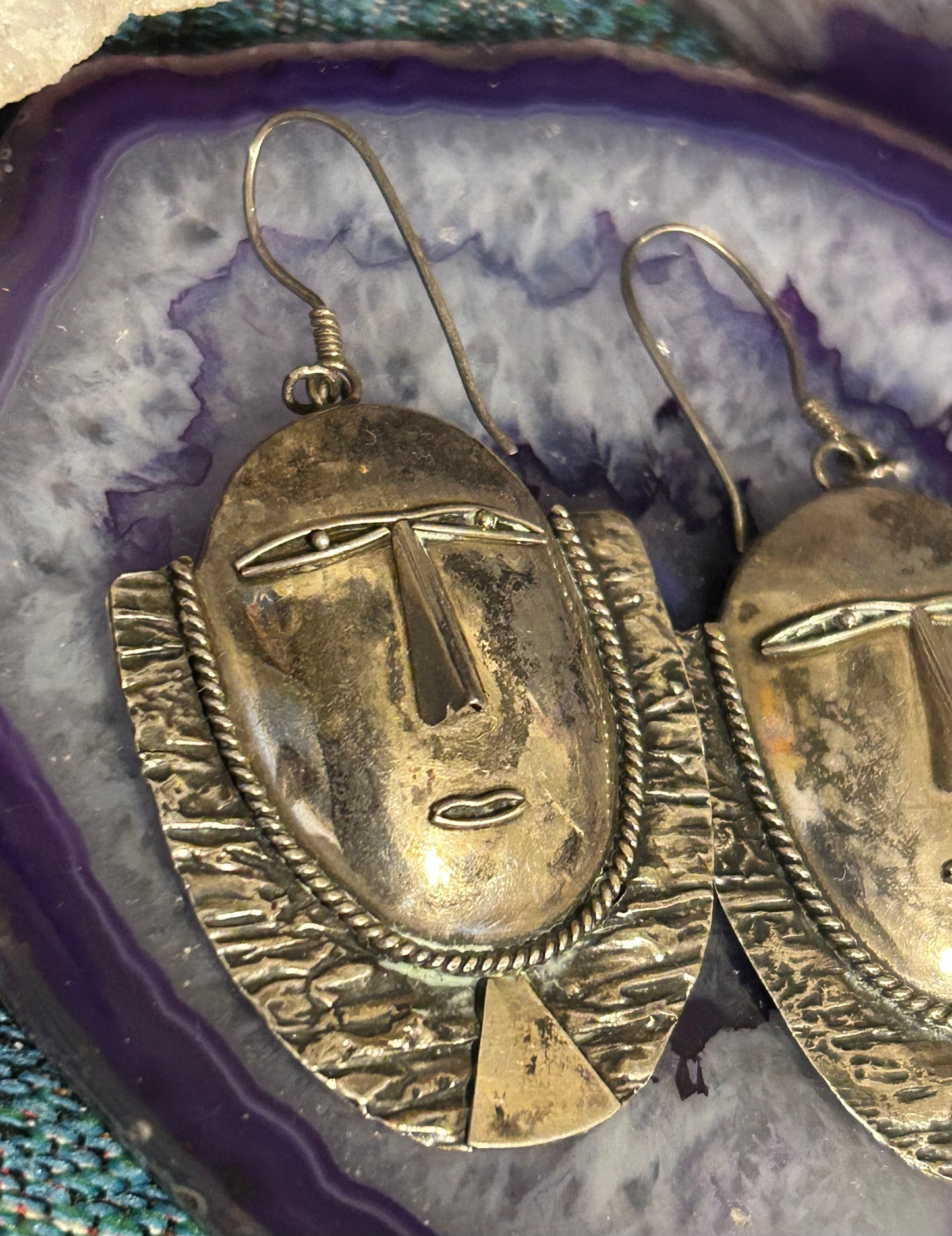 Vintage Estate Sterling Silver Tribal Mask Face Dangle Earrings