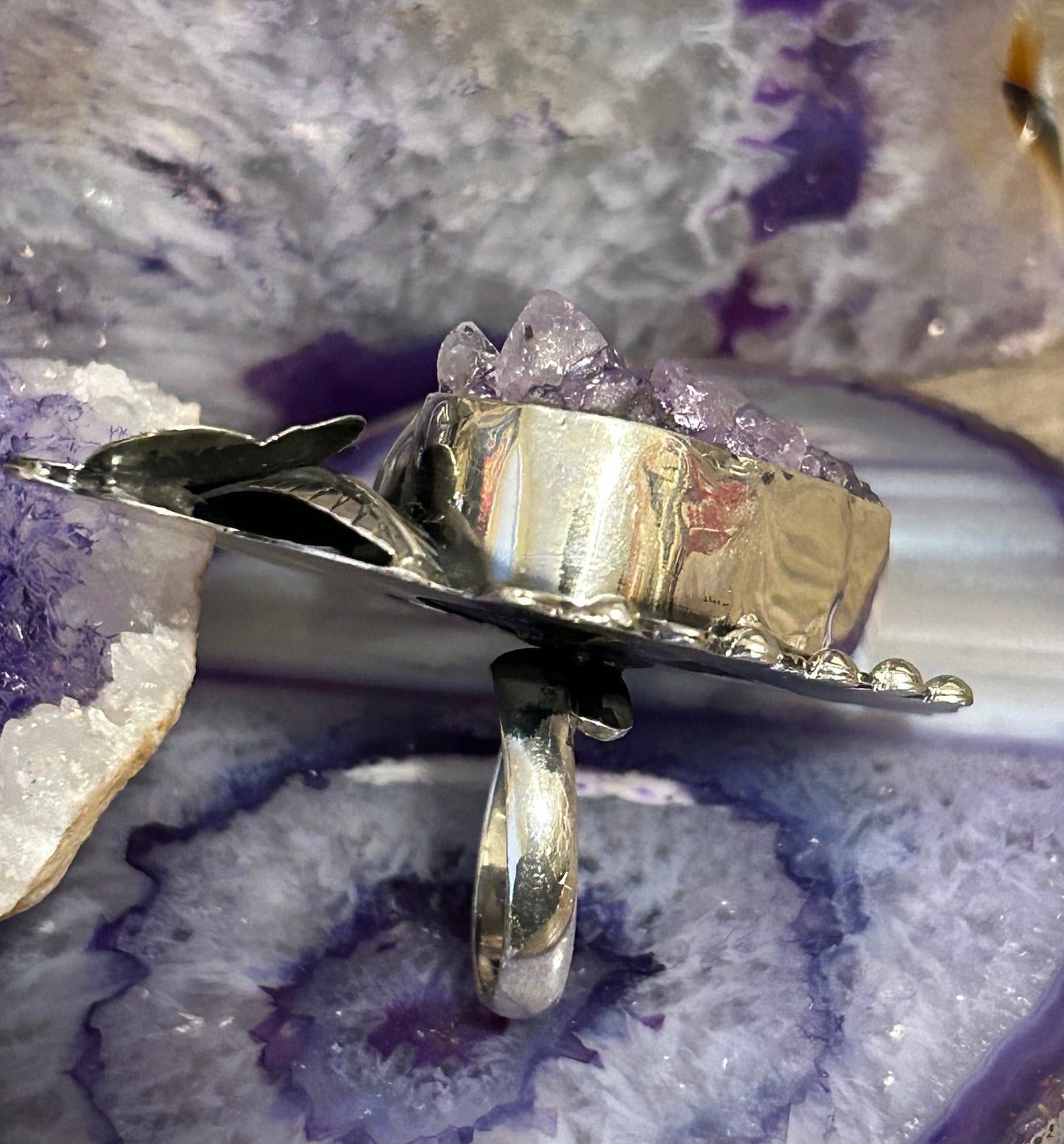 950 Silver Taxco Mexico Large Huge Amethyst Stone Heart Ring Adjustable