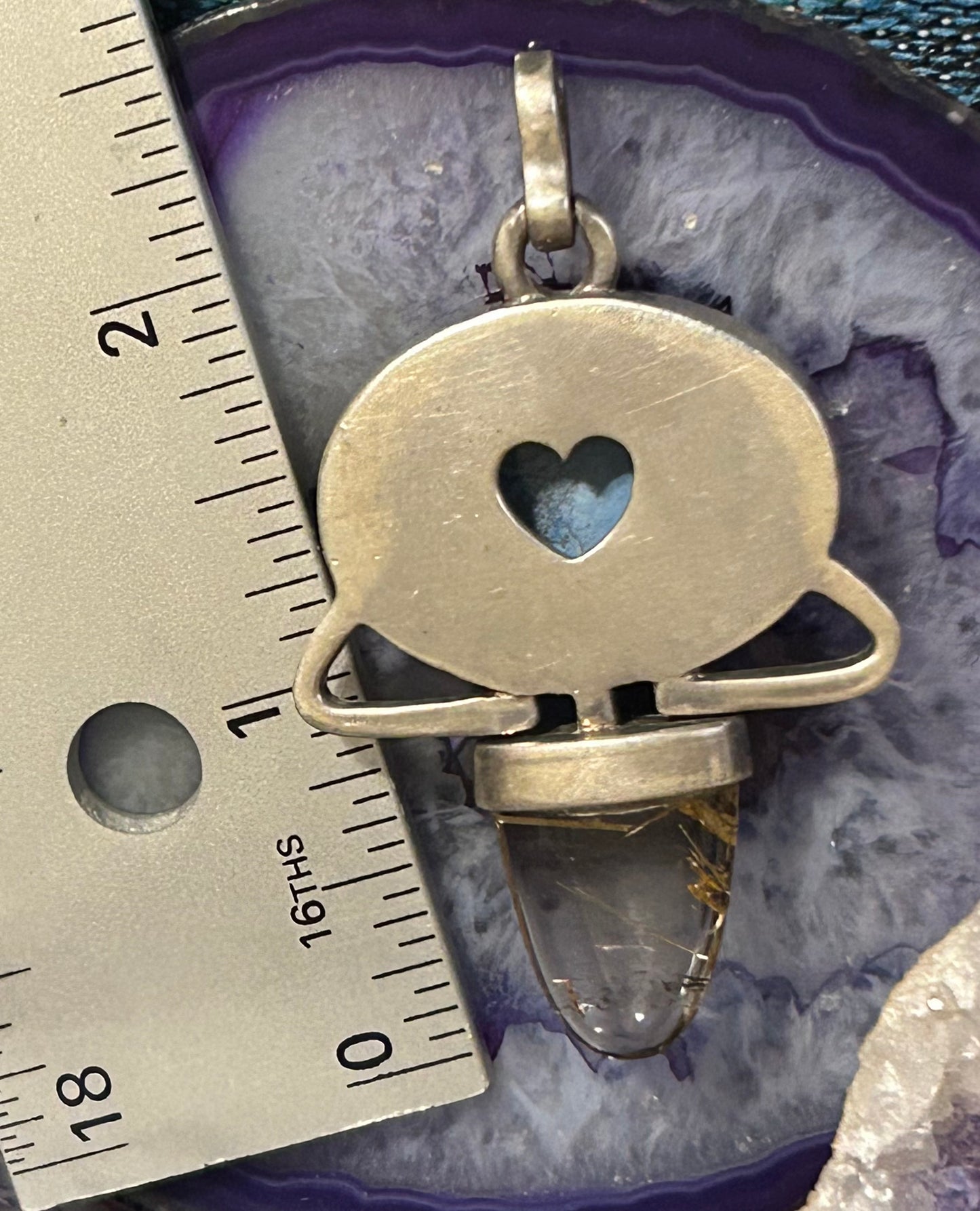 Vintage Sterling Silver Larimar, Rutilated Quartz, & Jade Statement Pendant