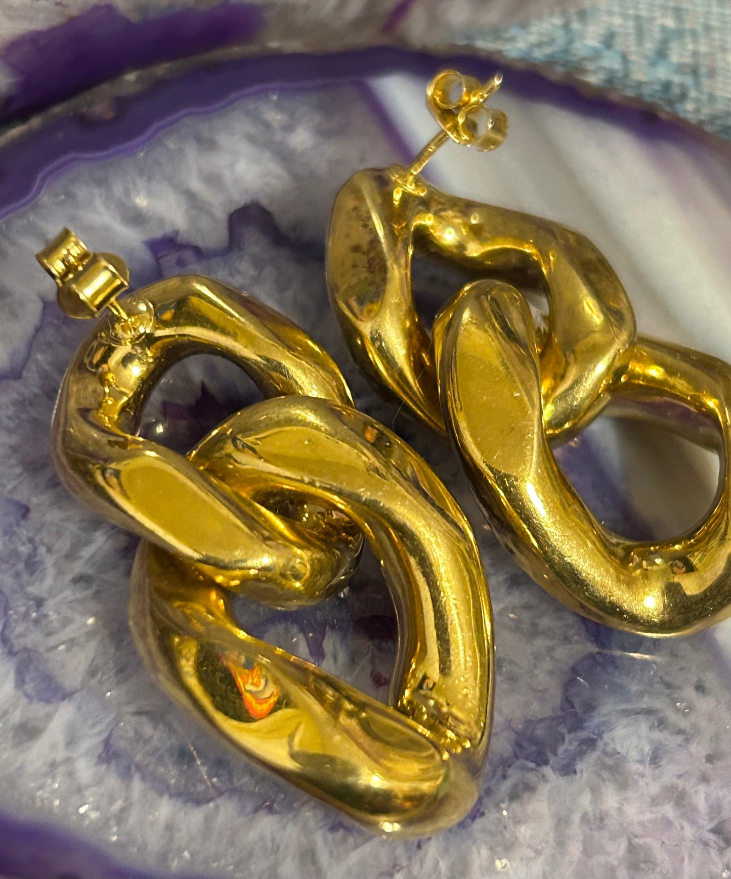 Vintage Gold Over Sterling Silver Puff Cuban Link Push Back Earrings