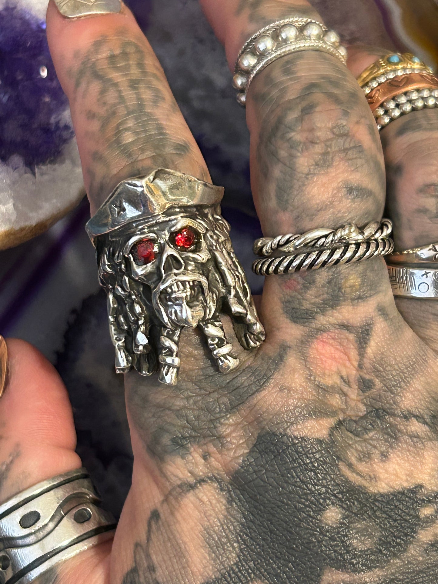 Sterling Silver Made In Taxco Skull Pirate Ring With Rubies • Size 7