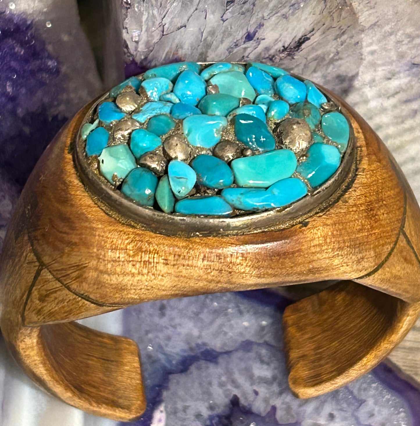 Vintage Unique Wood Cuff Bracelet With Sterling Silver & Turquoise