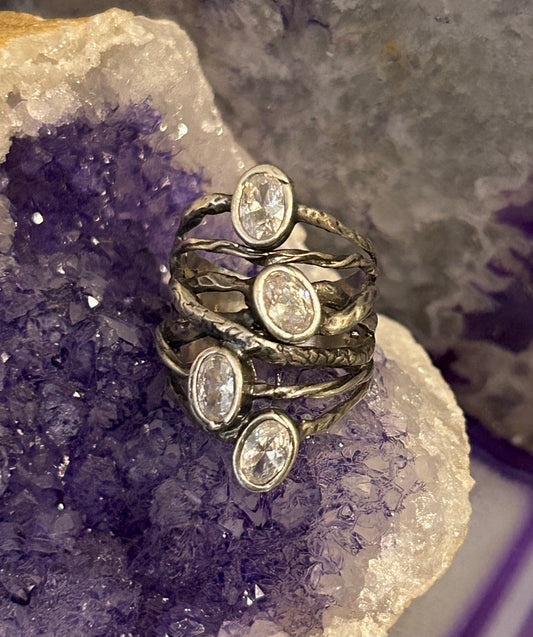 Vintage Sterling Silver Multi Stone CZ Abstract Brutalist Israel Ring Size 7