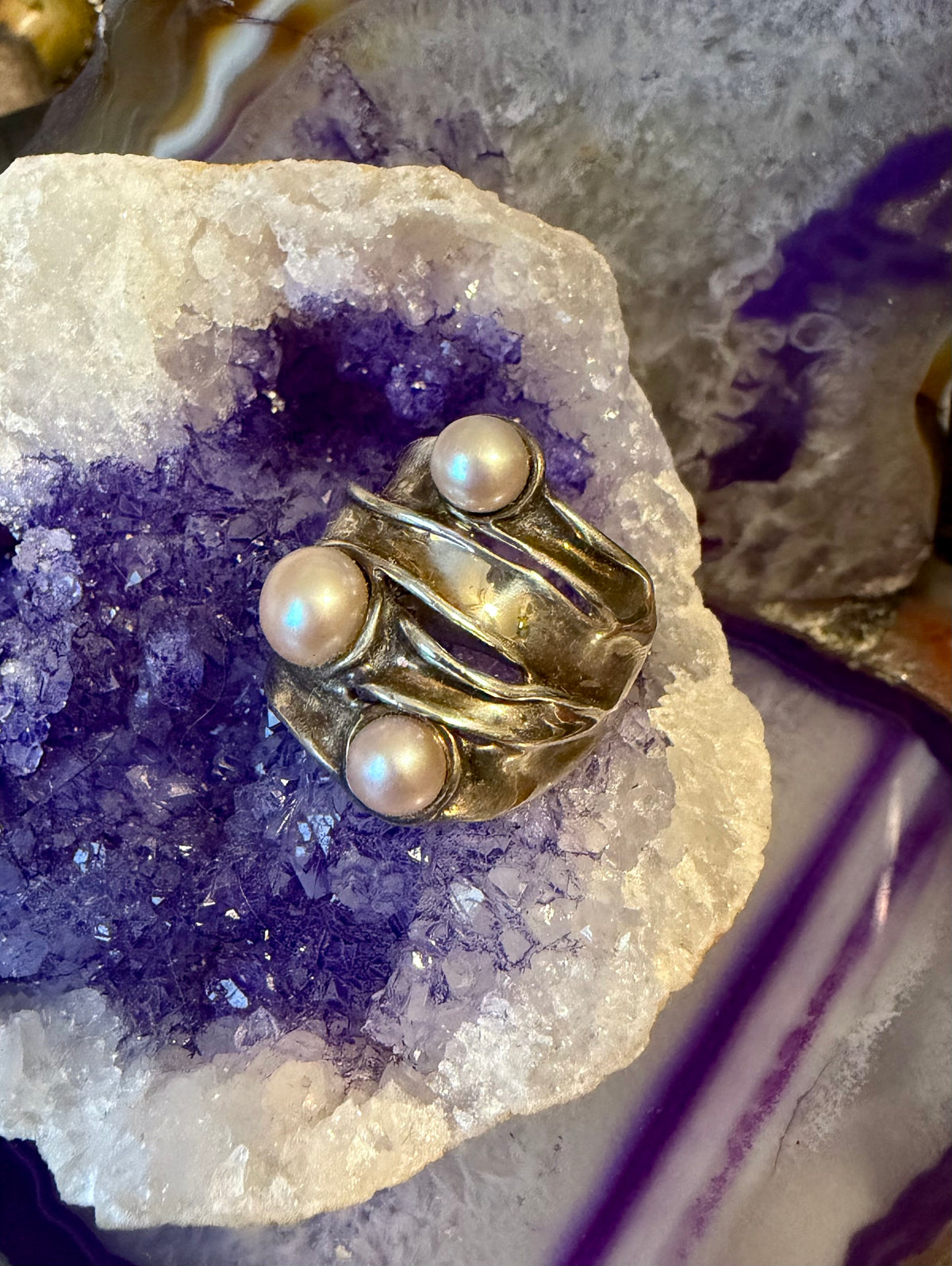 Vintage Israel Sterling Silver Modernist Pearl Abstract Ring Size 7