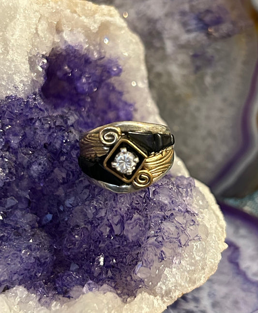 Sterling Silver S Ray Navajo Black Onyx & CZ Ring Size 4.25