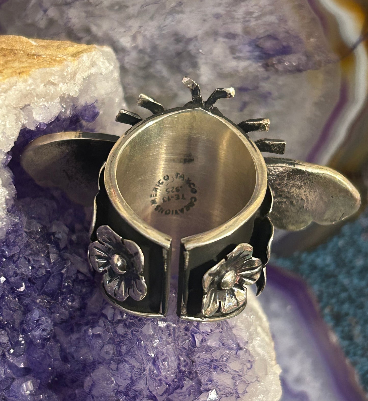 Sterling Silver Taxco Mexico Bee, Flowers & Turquoise Statement Ring Size 7-9